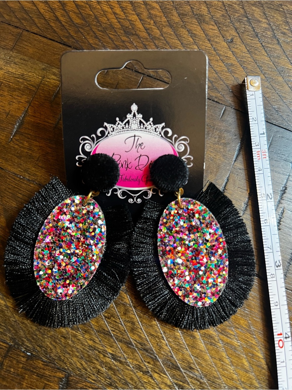 NWT Glitter Multicolor Oval Fringe Earrings with Black Tassel